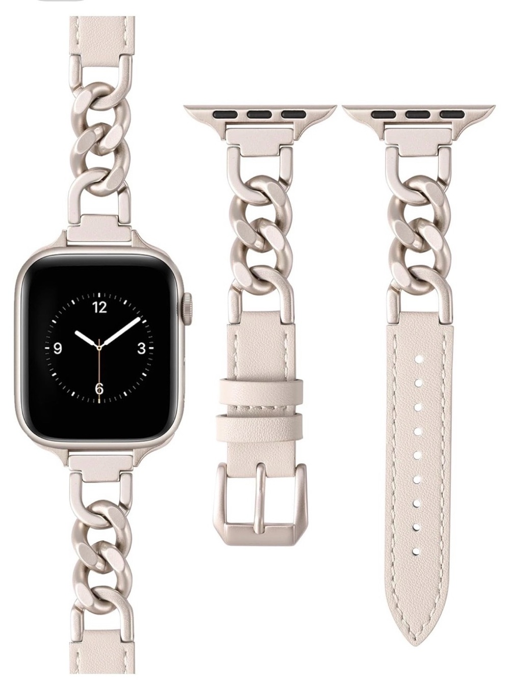Genuine Leather & Starlight Curb Chain Apple Watch Band 44mm 45mm